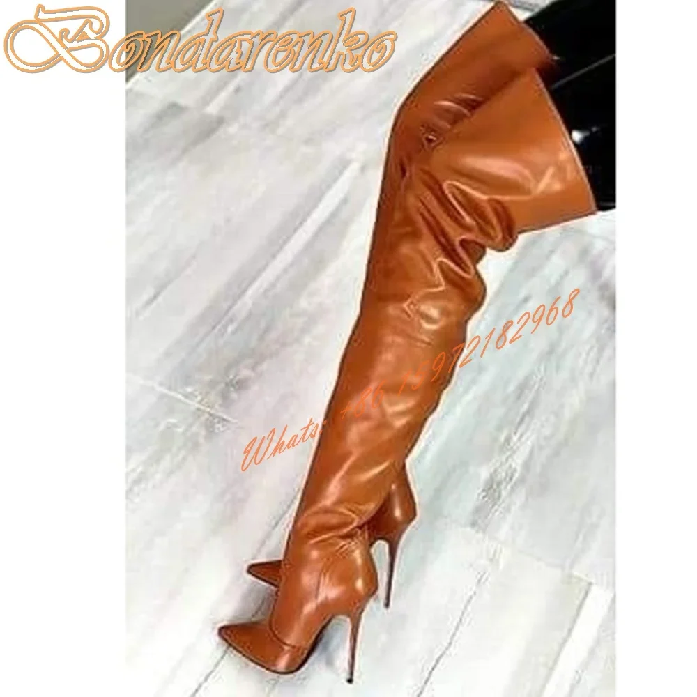 Pointy Toe Solid Leather Boots Stiletto High Heels Side Zipper Women Shoes Over The Knee Fitted Winter Party Dress Long Boots