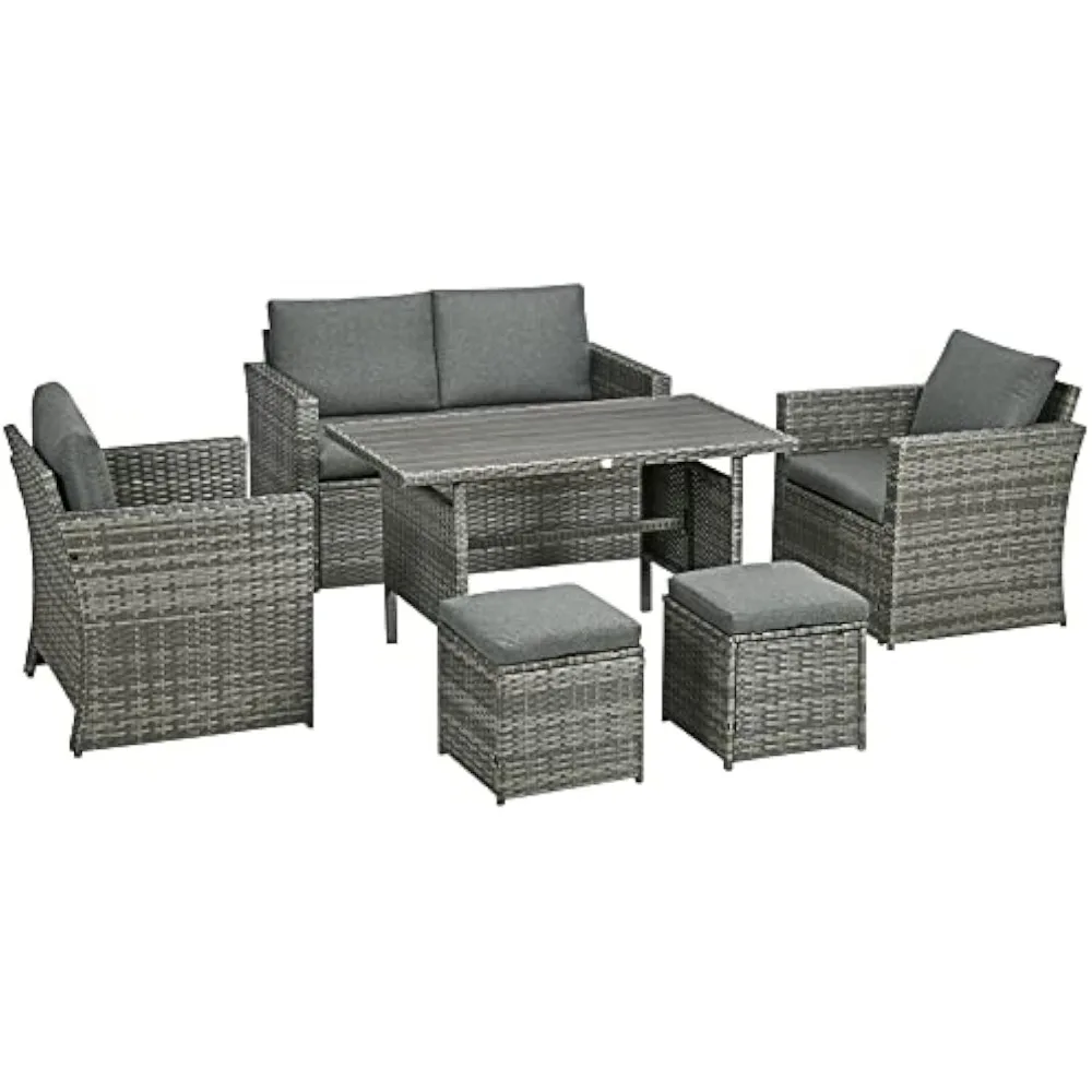 Dining Tables, 6 Piece Patio Dinings Set, PE Rattan Furniture Set with 2 Chairs Cushions & Outdoor Loveseat Sofa, Dining Tables