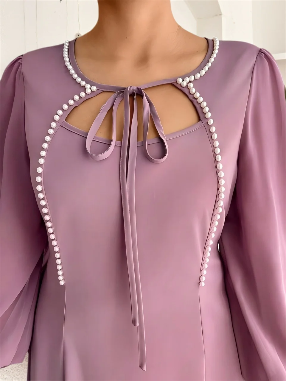 GIBSIE grande taille perle perles cravate cou robe longue élégante 2025 automne nouvelles femmes lanterne manches Vintage fête a-ligne robes