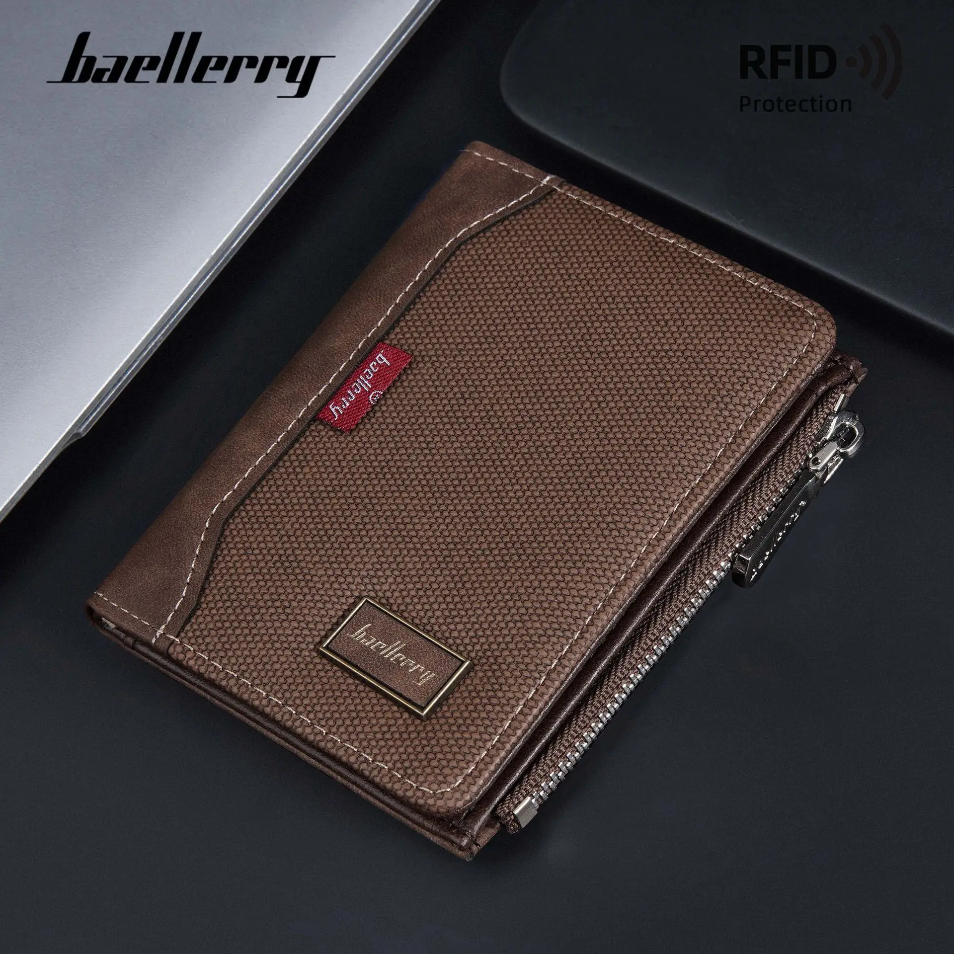 Baellerry Luxury Brand RFID Simple Men's Zipper Wallets Card Holder Male Wallet Photo Holder Coin Pocket Purses for Men