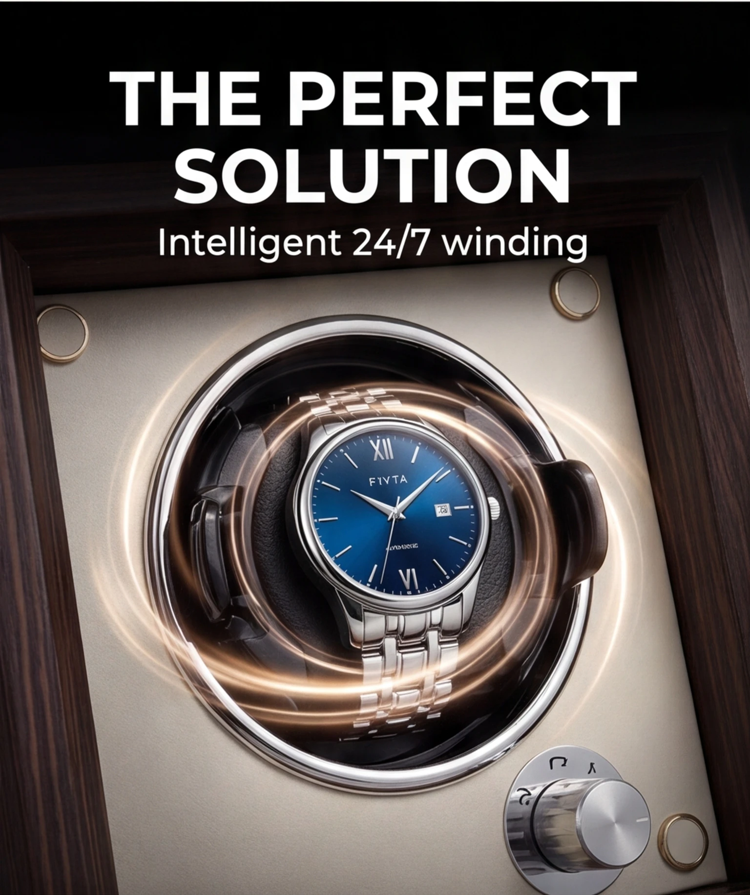 Premium 4 Position Watch Winder Walnut Wooden Cabinet Anti-magnetic Rotator with Blue LED Lighting Automatic Mechanical Watches