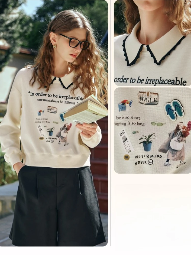 OLrain Women's Apricot New in Sweatshirt Autumn 2025 Casual Long Sleeve Polo Tops Knitted Print Ladies Sweatshirts G24CR89986
