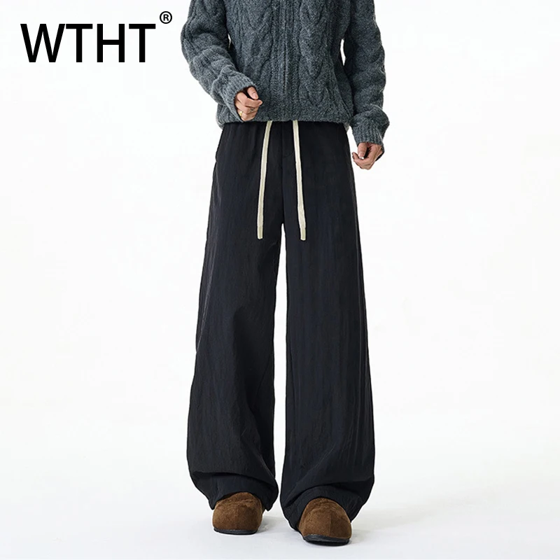 

WTHT Fashion Men‘s Solid Color Thicken Loose Straight Pants Trendy 2025 Autumn Elastic High Waist Drawing Trousers Male 2A2372