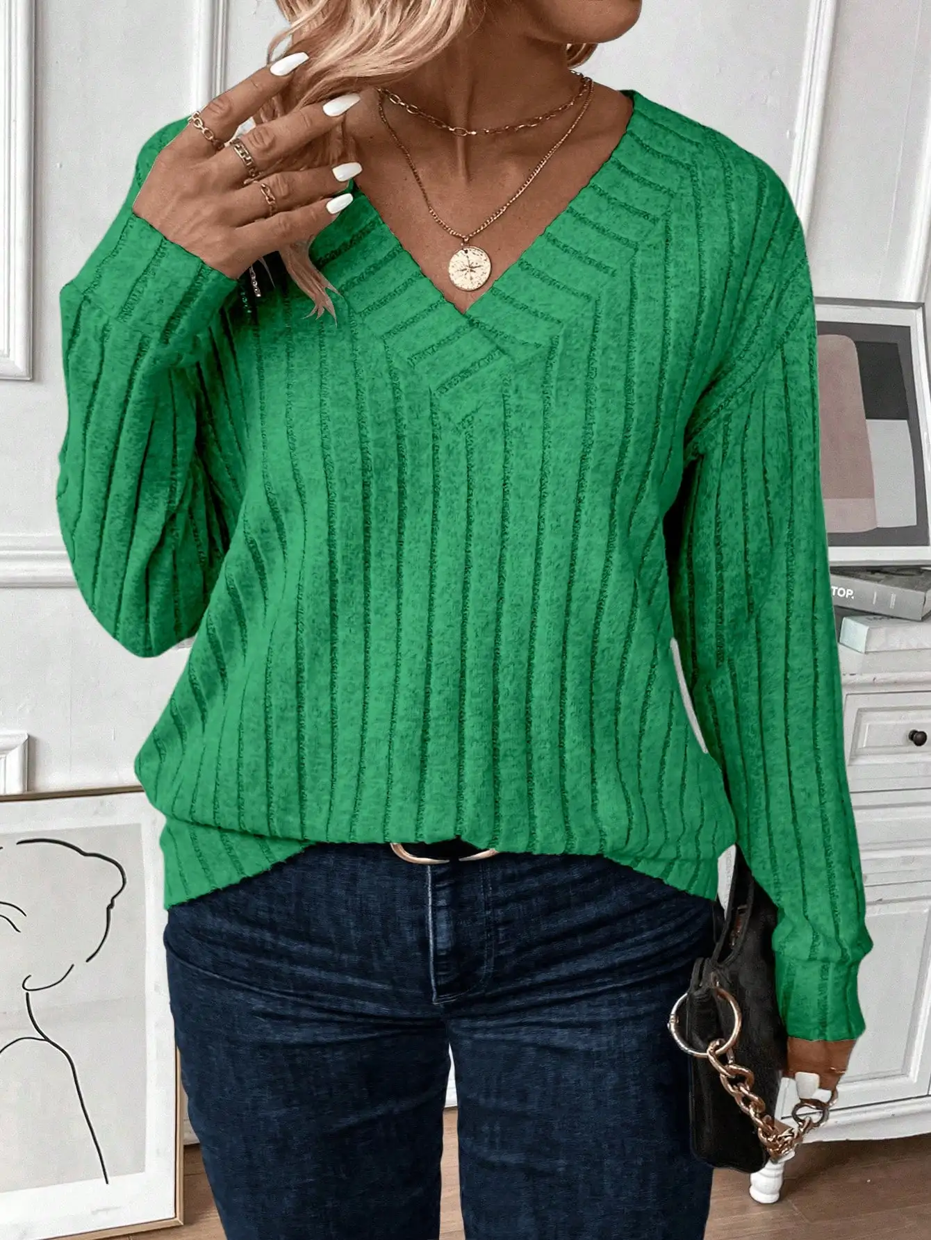 

Green Ribbed V-Neck Long Sleeve Knit Sweater for Women, Casual Autumn Winter Top