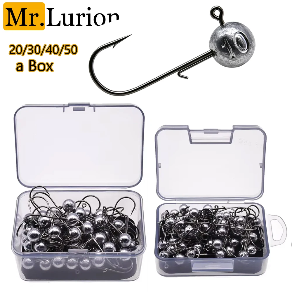 Mr.Lurion 20/30/40/50 Stück pro Box, hochwertige Angelhaken aus Kohlenstoffstahl, unverhedderbare Jigköpfe für Barsch, Hecht, Forelle, Zander, Fischköder