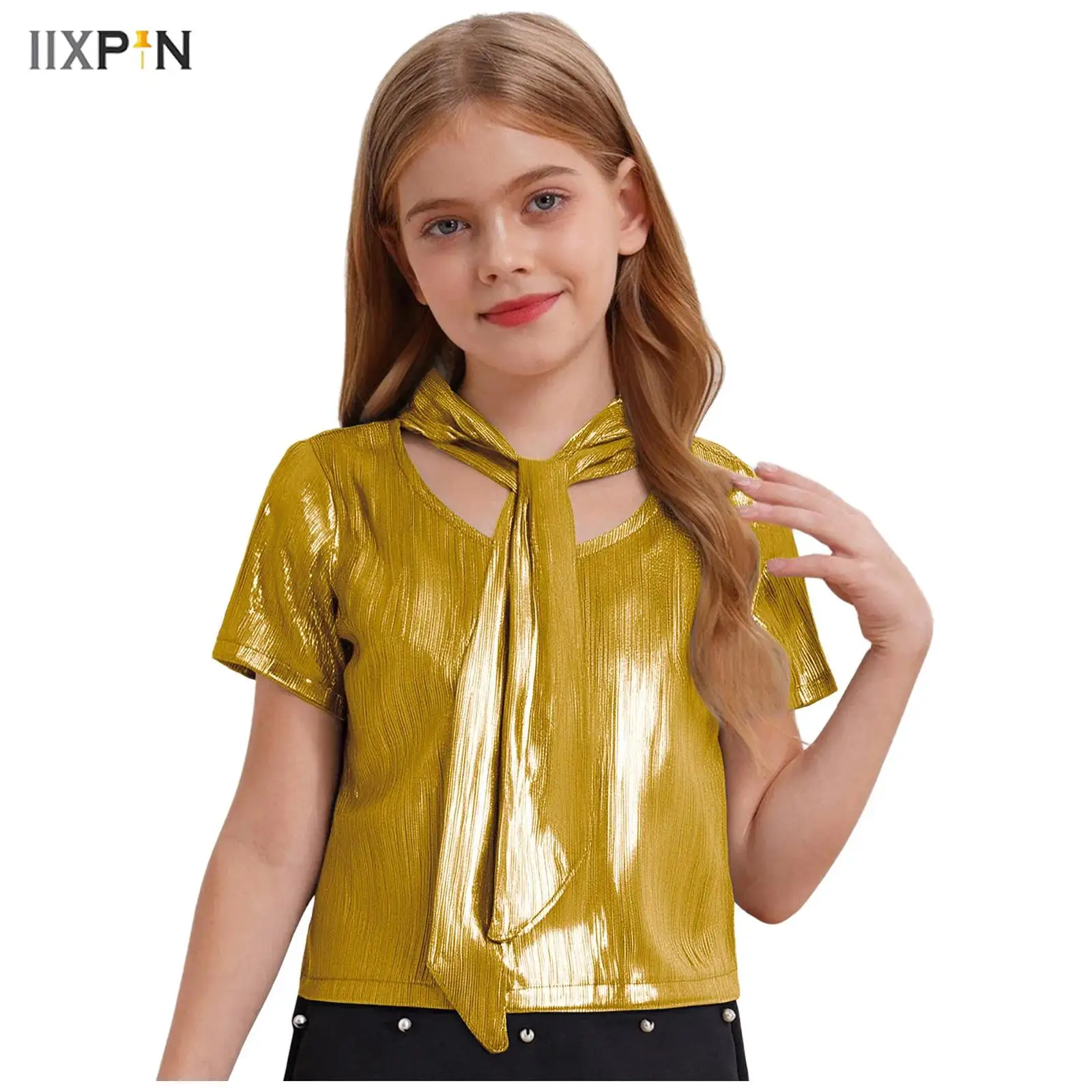 

Kids Girls Shirt Shiny Metallic Ribbed Crop Top Lace-up Round Neck Short Sleeve T-shirt for Hip-Hop Jazz Dance Stage Performance