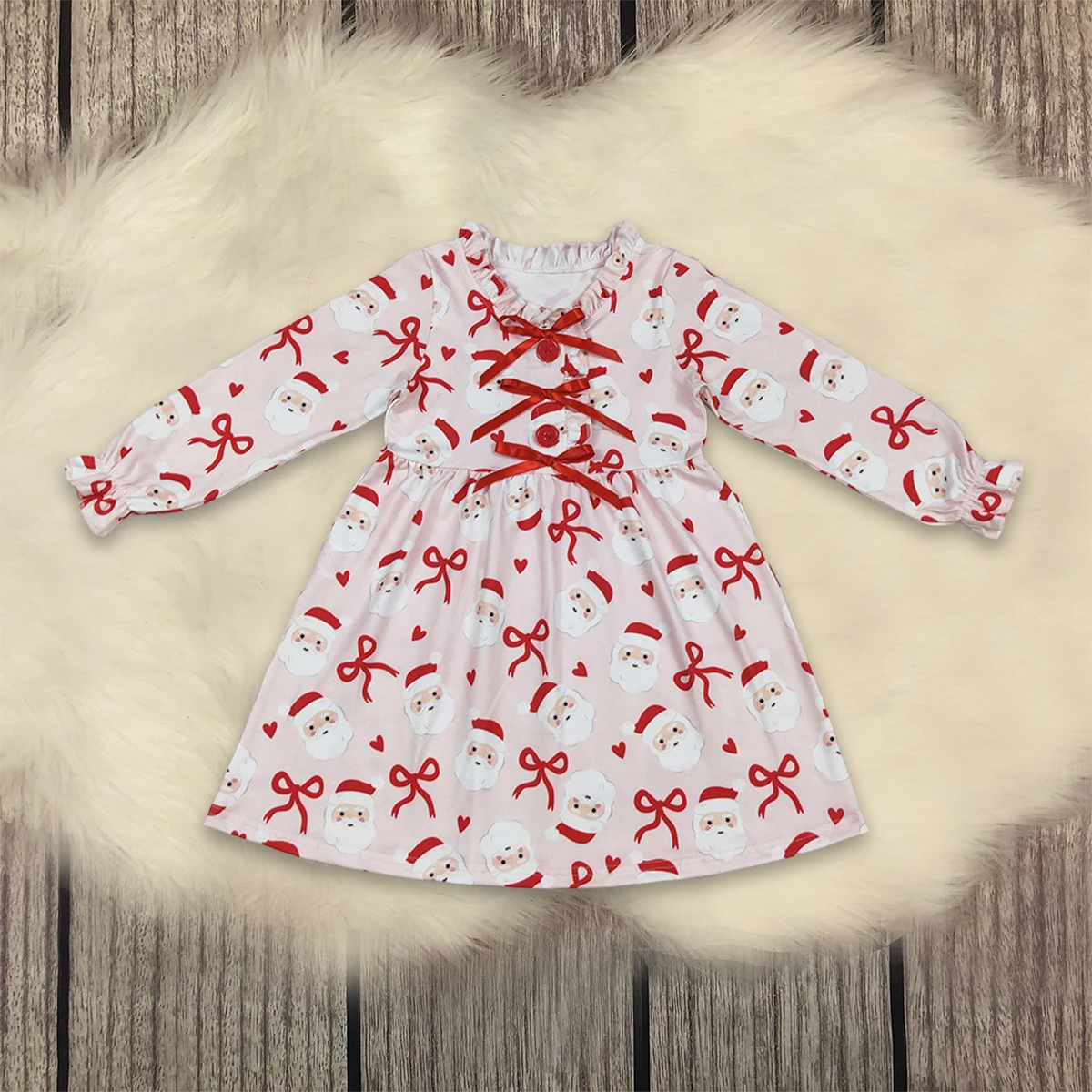 

Baby Kids Children Long Sleeves Santa Bows Hearts Knee Length Dress Infant Dresses Girls Toddler Christmas Clothing Wholesale
