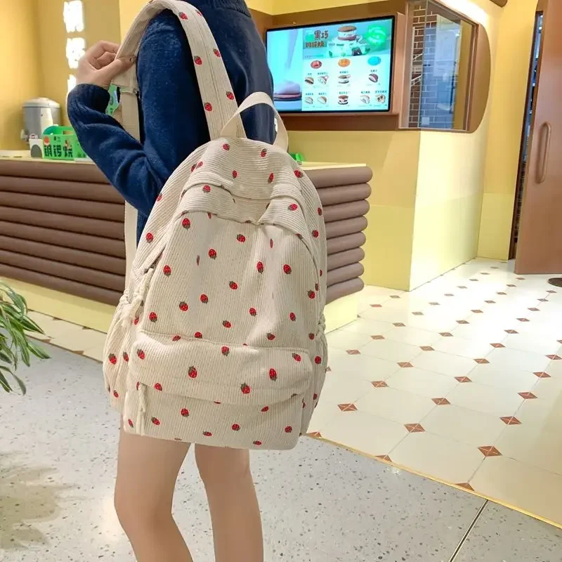 BOMO Corduroy Backpacks for Ladies Fashion Korean Style Strawberry Print Womens Backpack Casual Versatile Back To School Bag