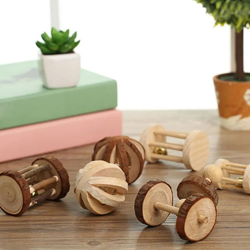 Natural Wooden Rabbits Toys Pine Dumbells Unicycle Bell Roller Chew Toys Guinea Pigs Rat Small Pet Molars Supplies Hamster Toys