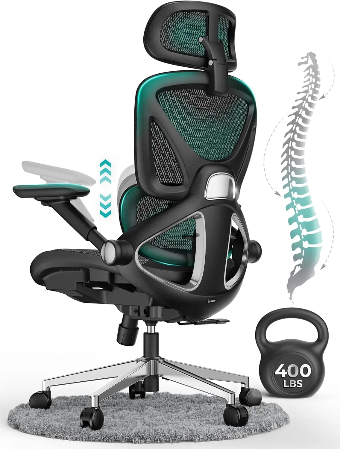 Ergonomic Mesh Office Chair, Adjustable Lumbar High Back Desk Chair 400lbs, 3D Headrest, PU Wheels  for Long Desk Work