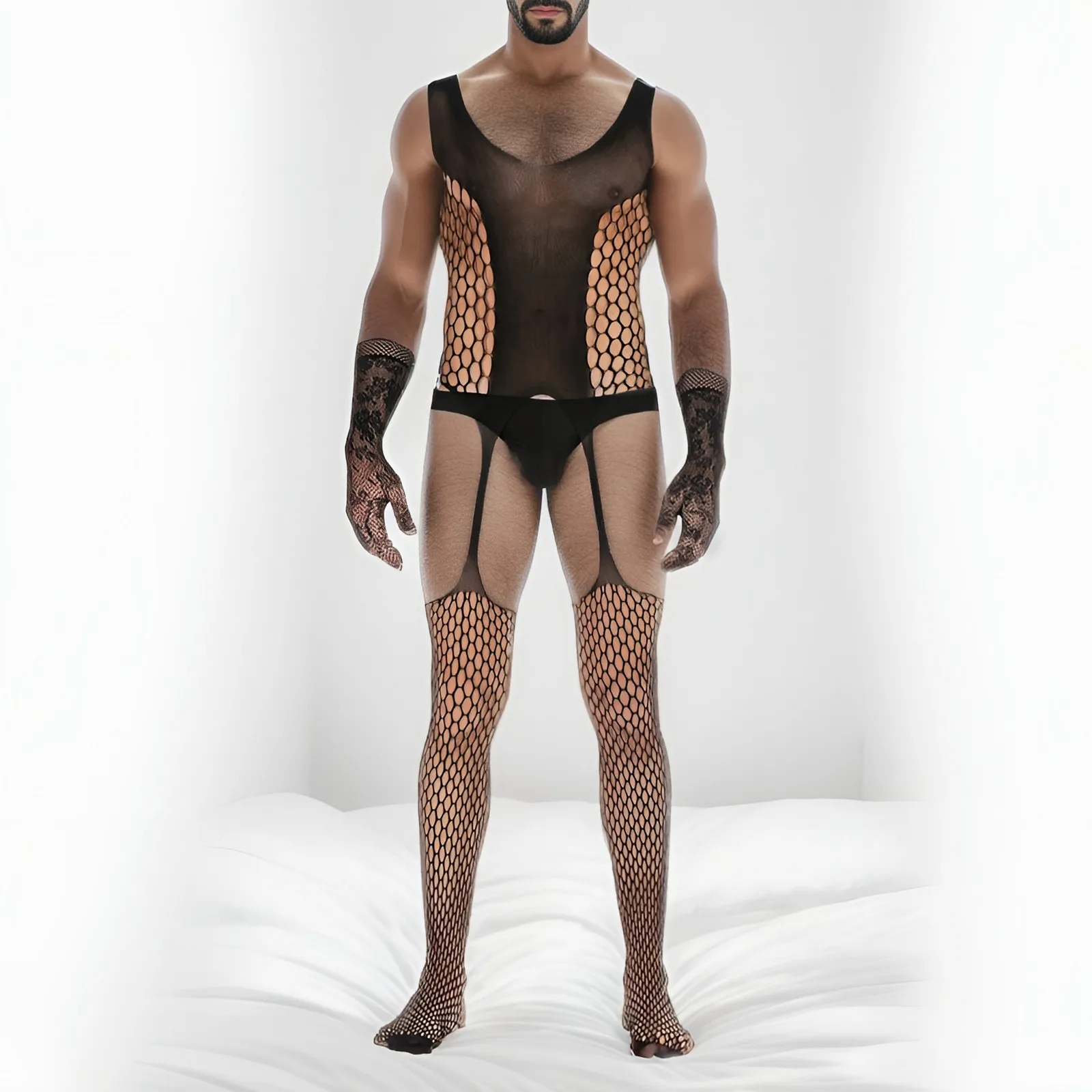 

Мужская пасхальная корзина, мужская забавная пижама с открытым концом, соблазнительный высокоэластичный жаккардовый комбинезон, сетчатый костюм, комплект кружевных перчаток, клетка для члена