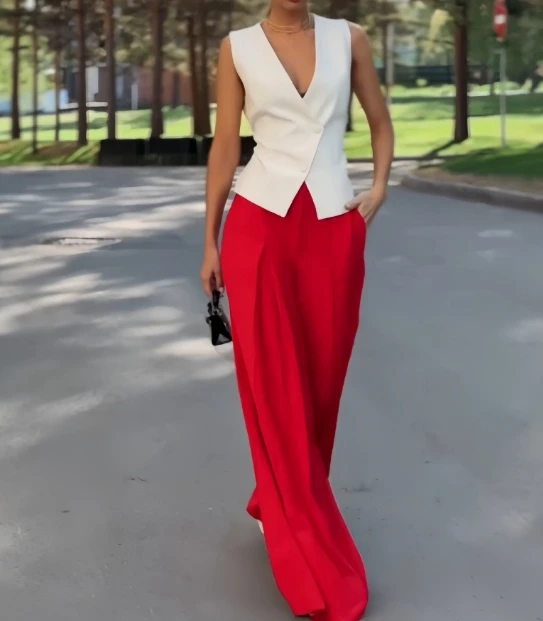 

Women's Two-piece Fashion Commuting Deep V Neck Button Design Sleeveless Vest Top and High Waist Ruched Wide Leg Pants Set