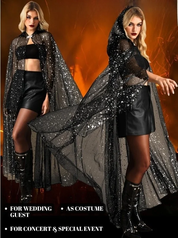 

Starry Night Sequin Starry Mesh Cape Hooded Long Coat for Halloween Cosplay Party Performance Chinese Traditional Stage Costume