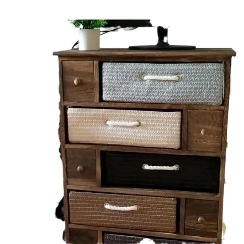 

Solid wood pastoral rattan storage cabinet