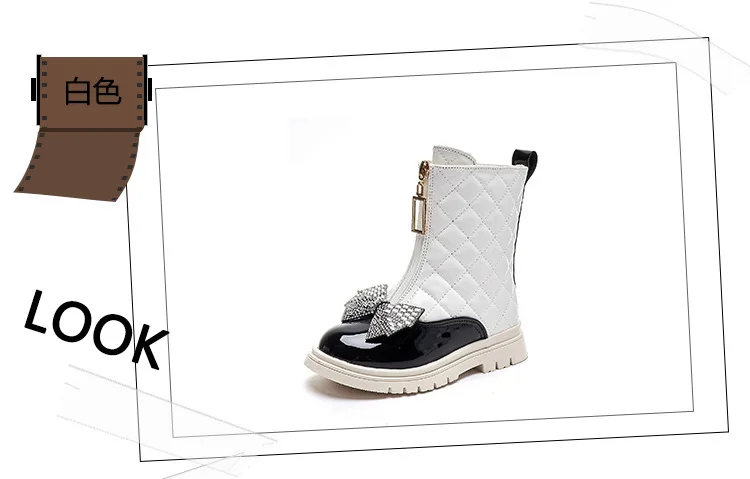 Neue Mädchen-Herbst-Winter-Stiefel mit Schleife und Karomuster, mittelhohe Stiefel mit seitlichem Reißverschluss, rutschfeste, kurze Stiefel, warme, weichsohlige, modische Stiefel für Kinder. – Detail 11
