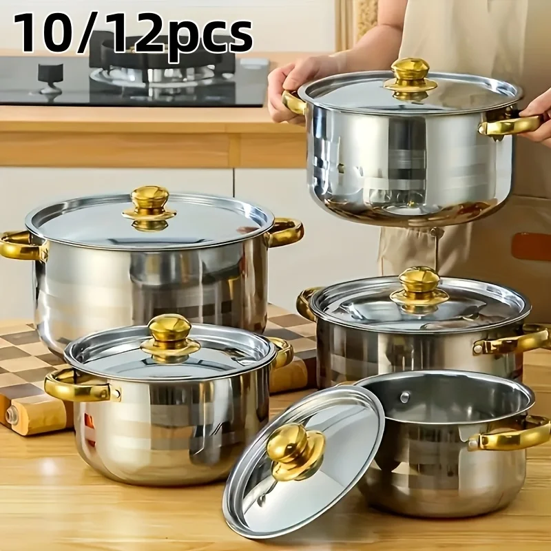 us10/12pcs Stainless Steel Cookware Set - Non-Stick Frying Pan, Stockpot And Milk Pot with Lid - Multi-Functional Kitchen Essentials, No Charging, No Batteries, Oranged
