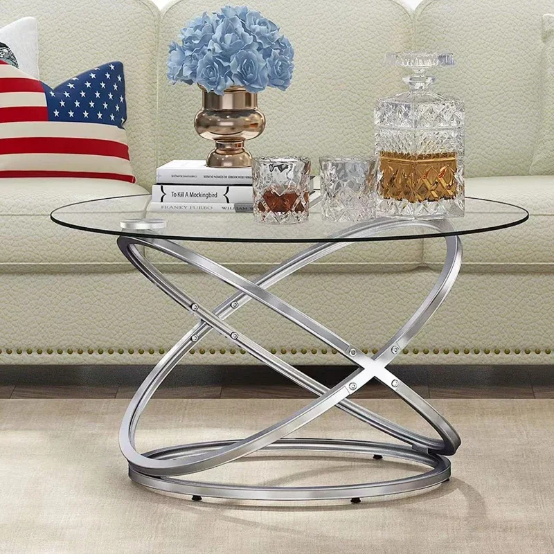 Round Stainless Steel Tempered Glass Top Wrought Iron Coffee Table Home American Balcony Living Room Sofa Corner side table