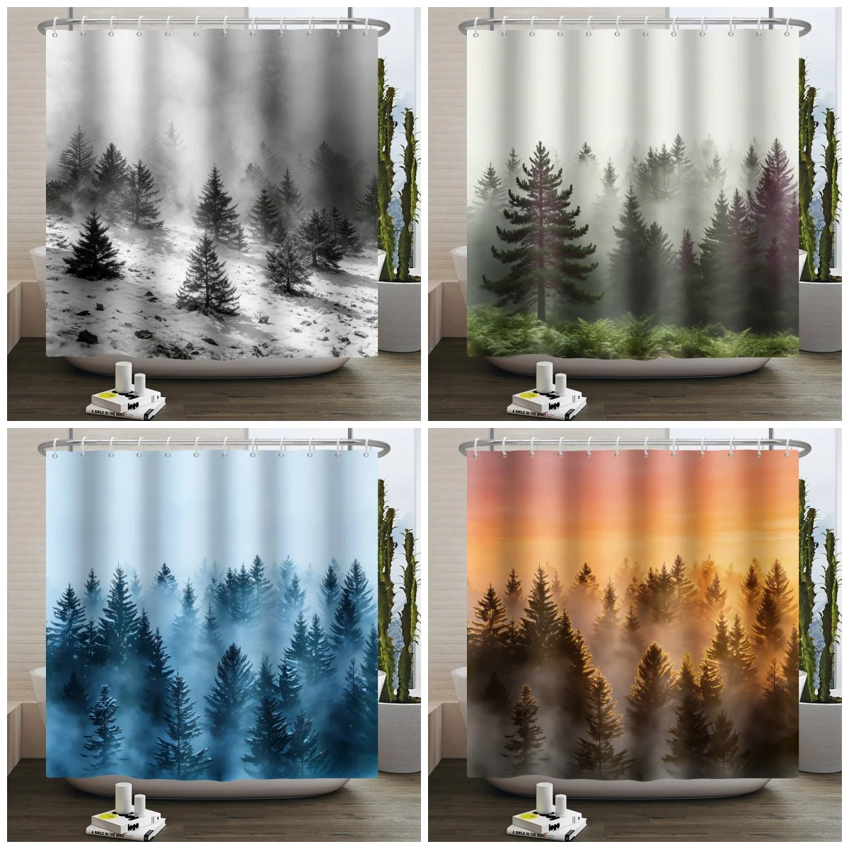 

Занавеска для душа с принтом туманного леса и сосен, водонепроницаемая, для декора ванной комнаты, полиэстер, с 12 крючками