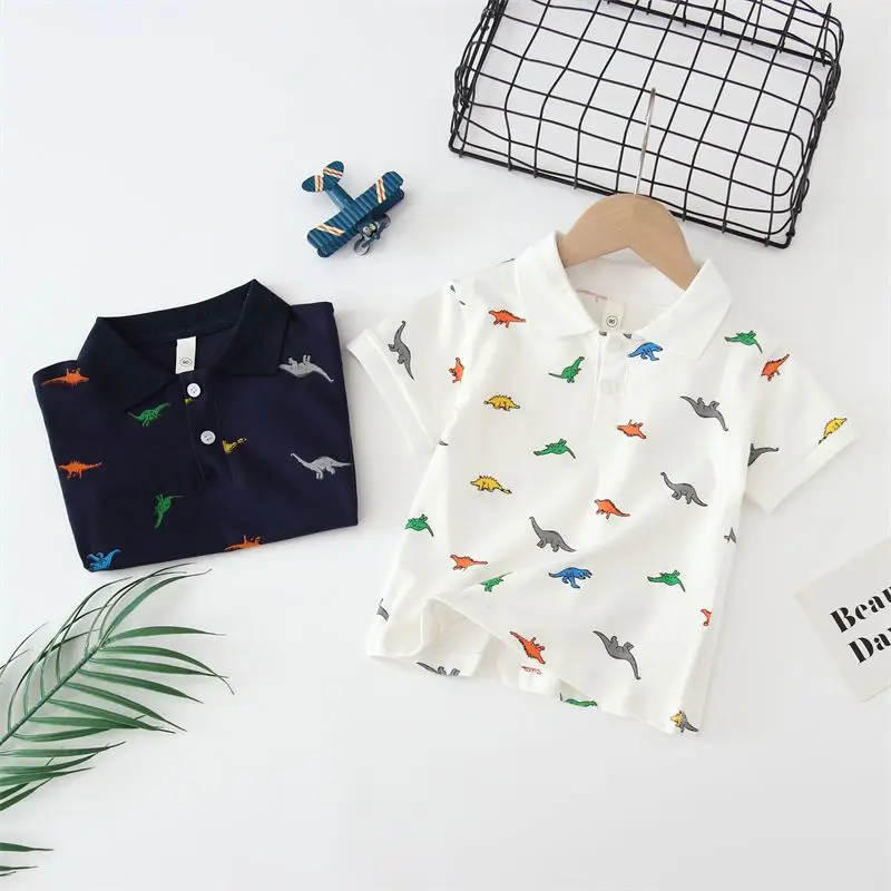 Kids Boys Polo Shirts Cute Cartoon Dinosaur Print T Shirt Summer Short Sleeve Cotton Polo Shirt for Toddler Boys 4-6y  7-12y