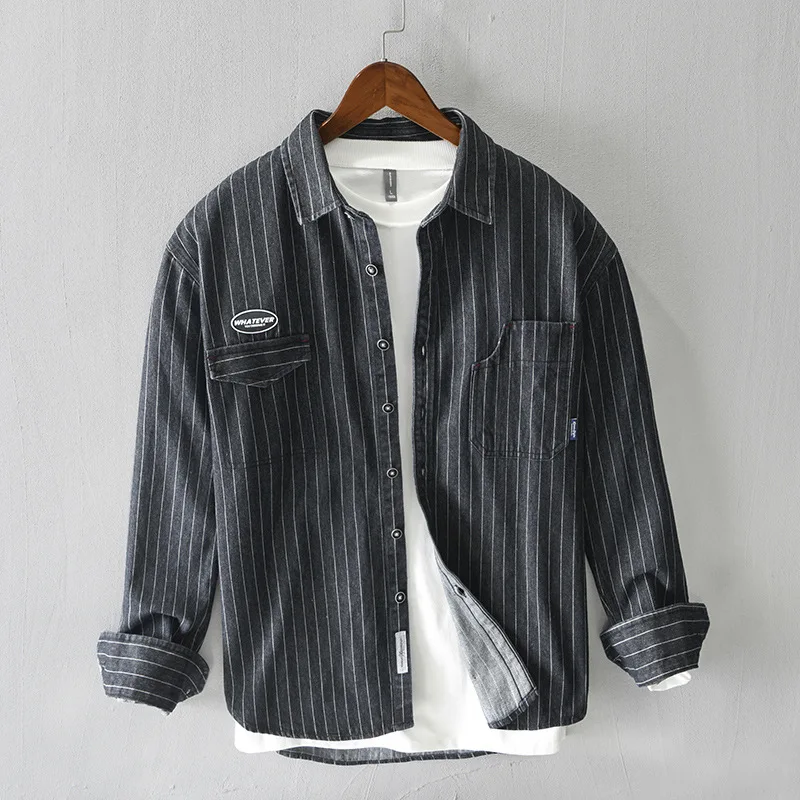 Vintage Long Sleeve Denim Shirt Men Casual Japan Cargo Shirt Striped Pocket Designer Shirt Fashion Streetwear Loose Jean Shirts