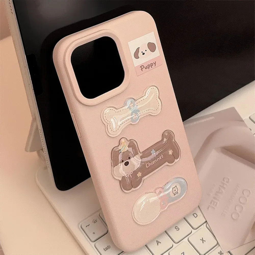 Funny puppy gift bone toy Gentle Pink Phone Case For iPhone 17 16 15 14 13 12 Pro Max Case Cute Cartoon luxury shockproof Cover