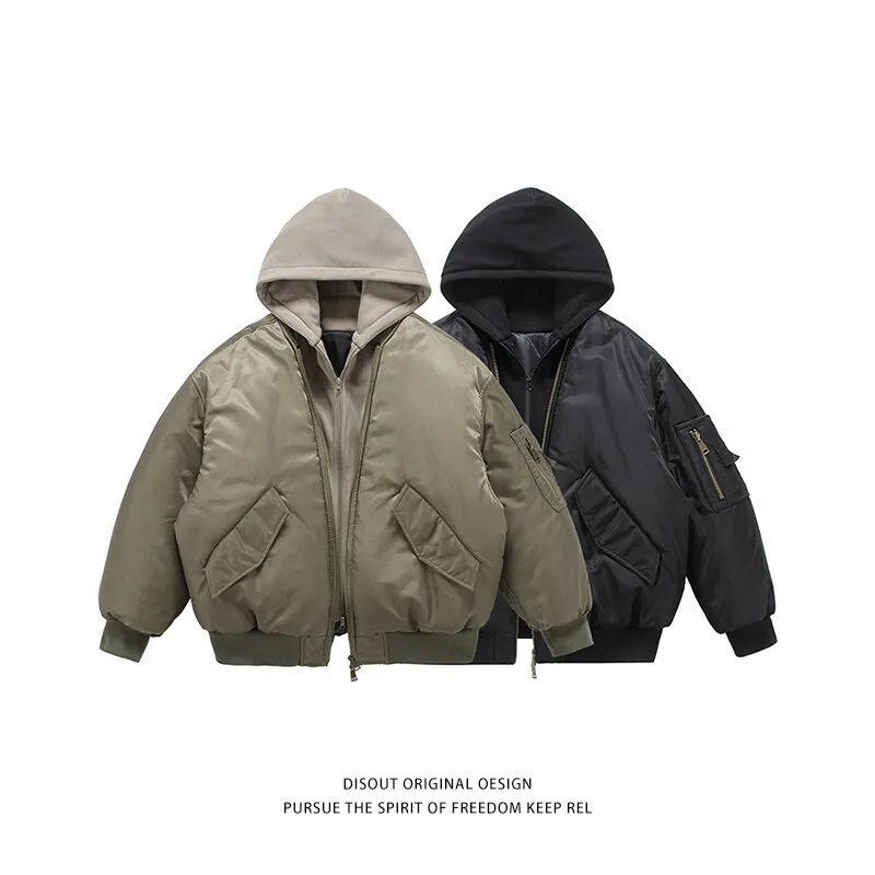 

Fake Two Pilot Cotton Jackets Mens Winter New High Street Trend Thickening Hooded Bomber Coats Multiple Pockets Short Parkas