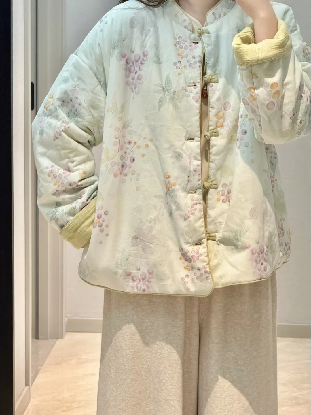 

Новый китайский хлопково-льняной костюм с принтом Thiened Stand Collar Jaet, женский зимний цветной костюм Тан, хлопковая одежда