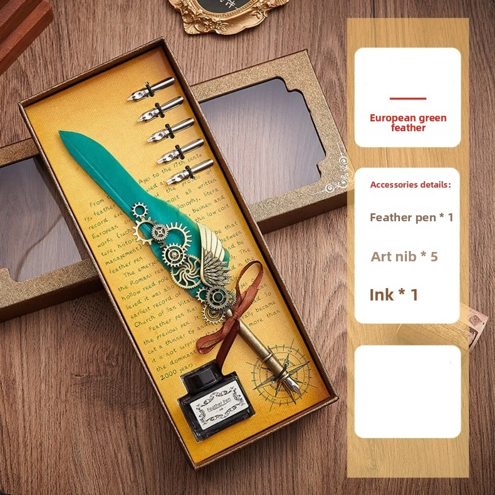 

Retro Punk Dipped in Water Pen Replaceable 5 Nib Vintage Luxury Metal Signature Pen Fountain Pen European Style Feather Pen