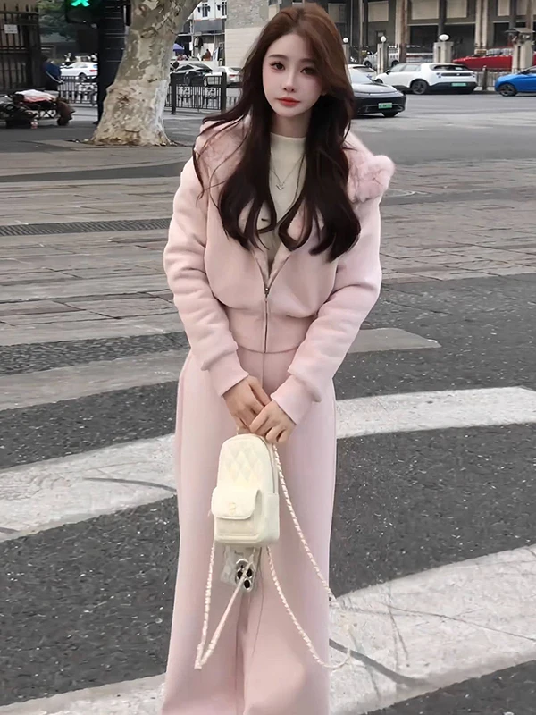 

Casual Fashionable European Style Women's Two-Piece Set Spring 2026 Hooded Open Cardigan Jacket Pink Wide Leg Pants Slimming