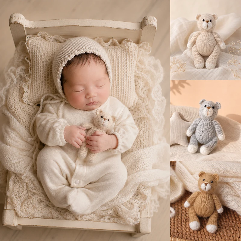 Handmade Knit Teddy Bear Doll Newborn Photography Props Soft Yarn Toy Baby Studio Photoshoot Accessories Infant Shooting Decor