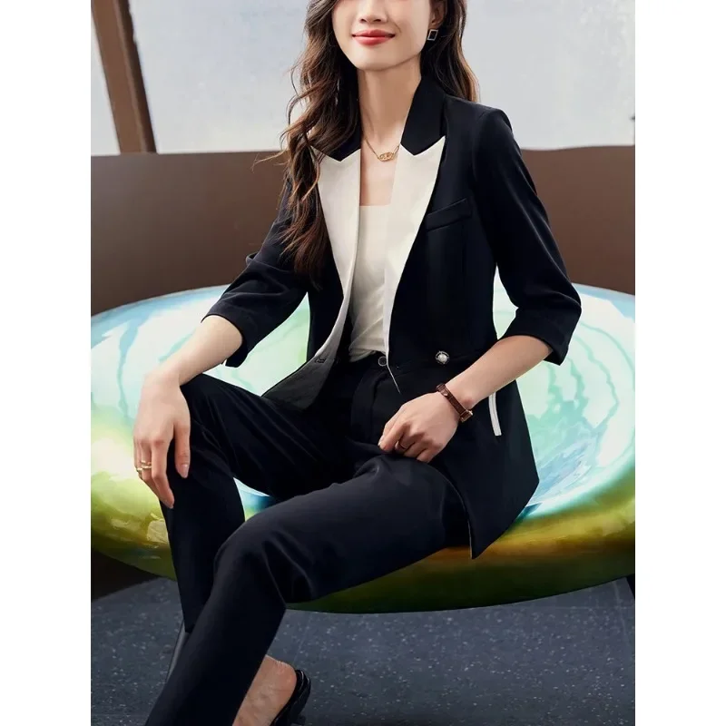 Blazer et pantalon imbibés pour femme, tenue de bureau, surintendant, tenue de travail, ensemble 2 pièces, blanc et noir