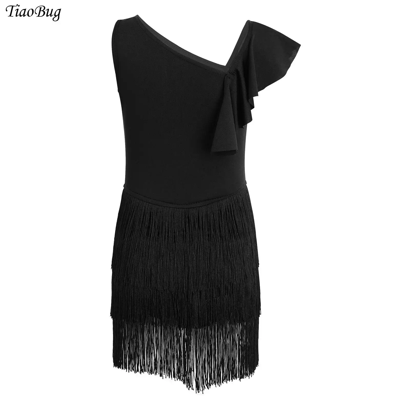 

Kids Girls Lyrical Latin Dance Performance Dress Asymmetrical Ruffle Fringe Leotard Contemporary Ballet Dance Competition Outfit
