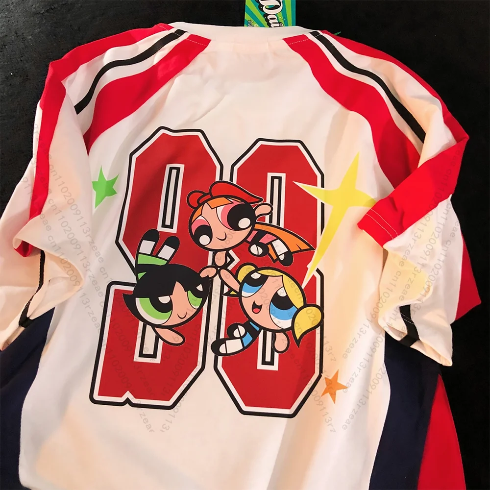 The Powerpuff الفتيات الكتابة على الجدران تي شيرت مطبوع المرأة القوطية Y2K تي شيرت على طراز هاراجوكو الفتيات موضة الشارع لطيف الكرتون زوجين جيرسي #2