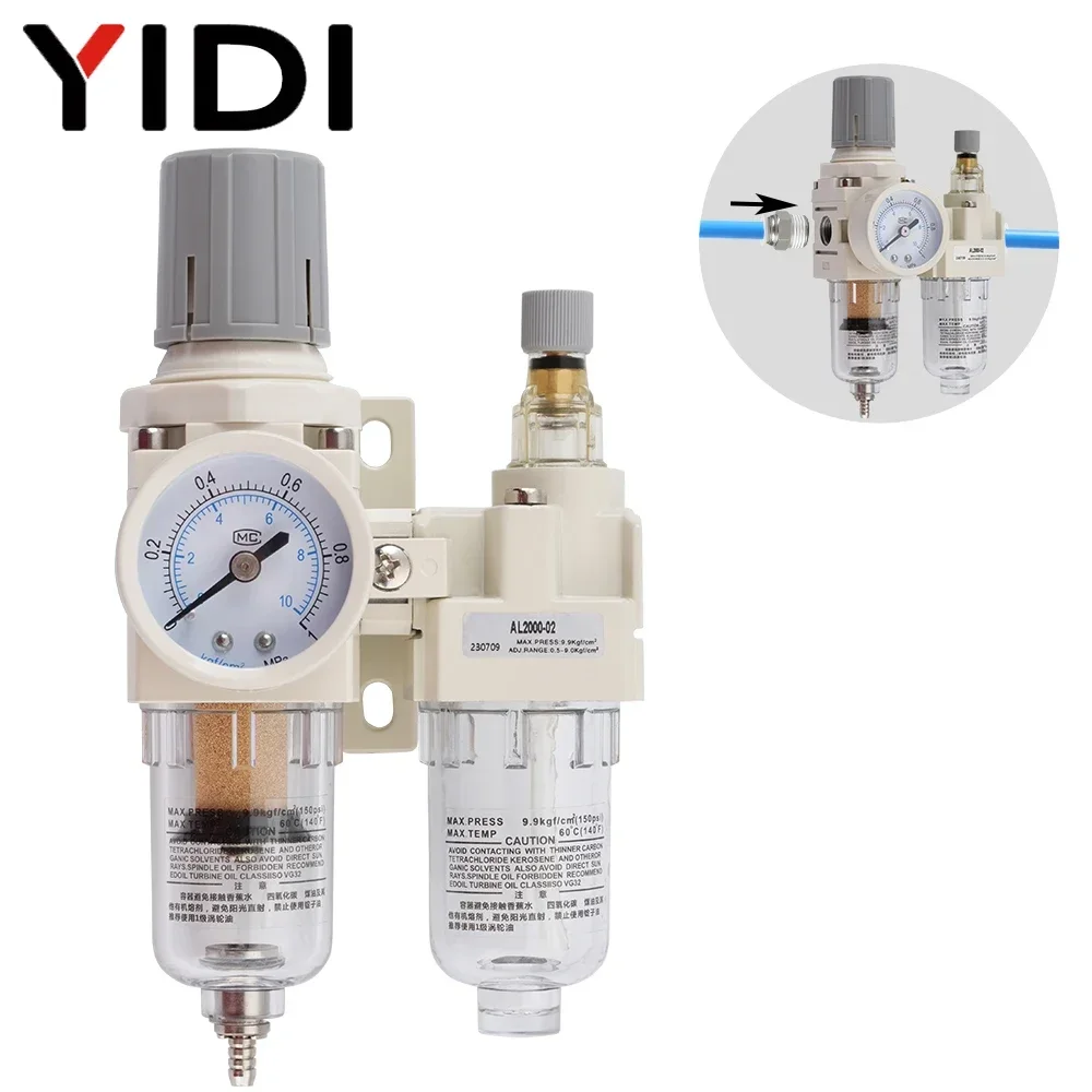 YIDI AC2010-02 Compressor Air Filter Pressure Regulator Reducer Drain With Fitting Fittings Controller Valve Pneumatic Parts 1/4
