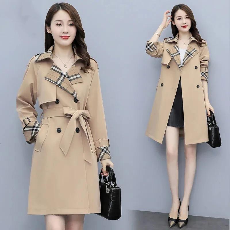 

2023 Spring Autumn New Britain Trench Coat Female Lining Coats Double-breasted Lacing Windbreaker Women's patchwork trench coat