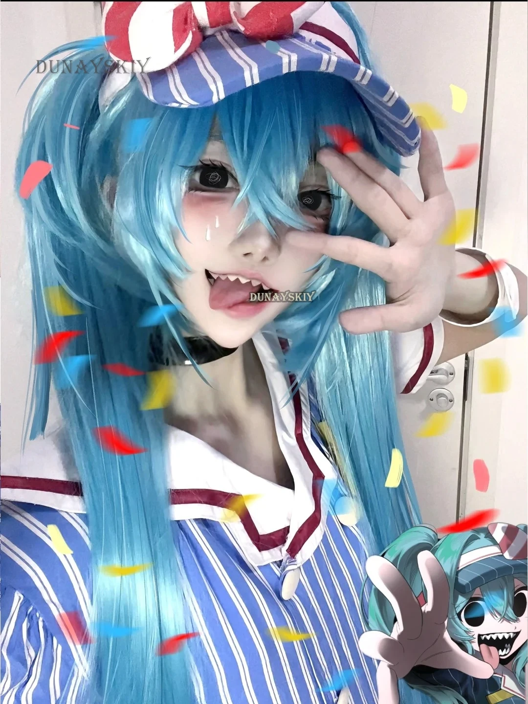 Cosplay Costume Wig Mikuuuu Hypnotist Cosplay Blue Striped Lolita Maid Dress Halloween Party Virtual Uniform Suit