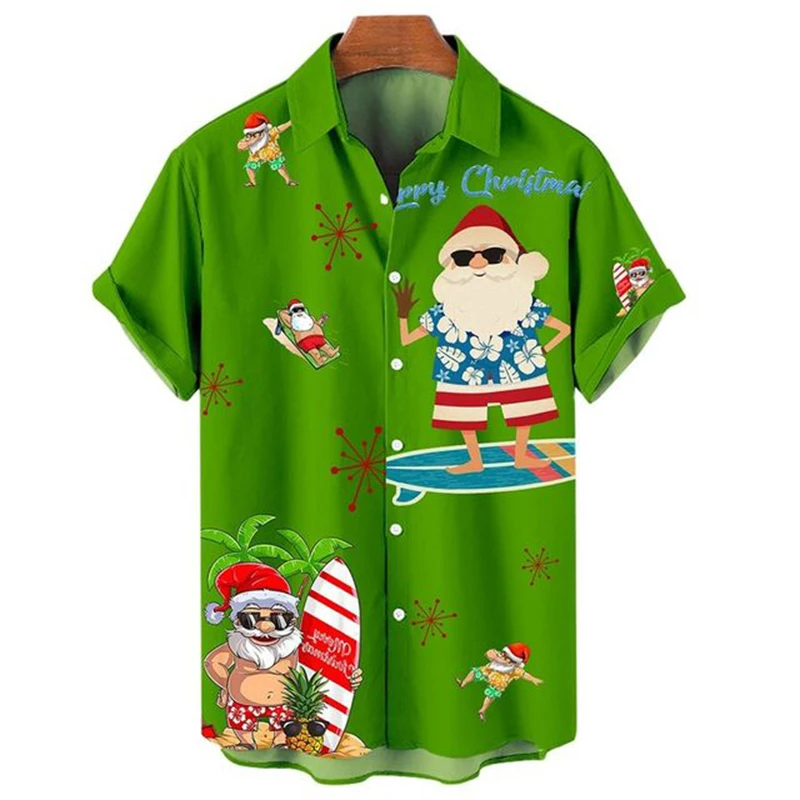 Christmas Shirts Men\'s Summer 2022 Halloween Party Short Sleeve Streetwear Hawaiian Festival Costume Men\'s Snowman Santa Summer