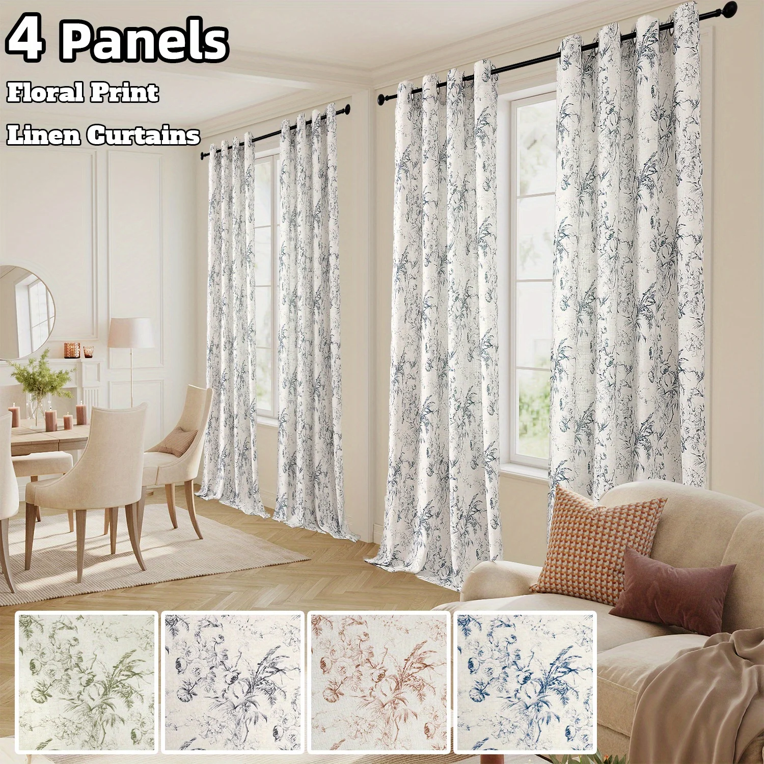 

4 Panels Floral Print Linen Curtains for Living Room Drapes Privacy Linen Fabric Window Treatment Curtains for Farmhouse Decor P