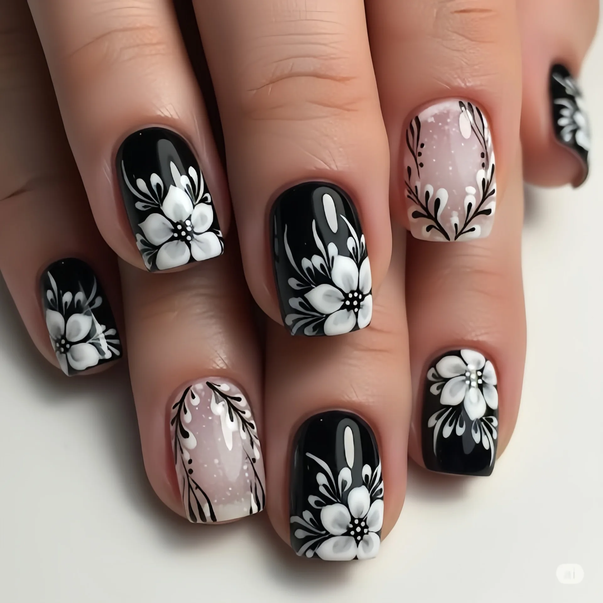 

24PCS Black Flower Plants Patterns French False Nails with Glue Simple Short Square Press on Nails Full Cover Wearable Fake Nail