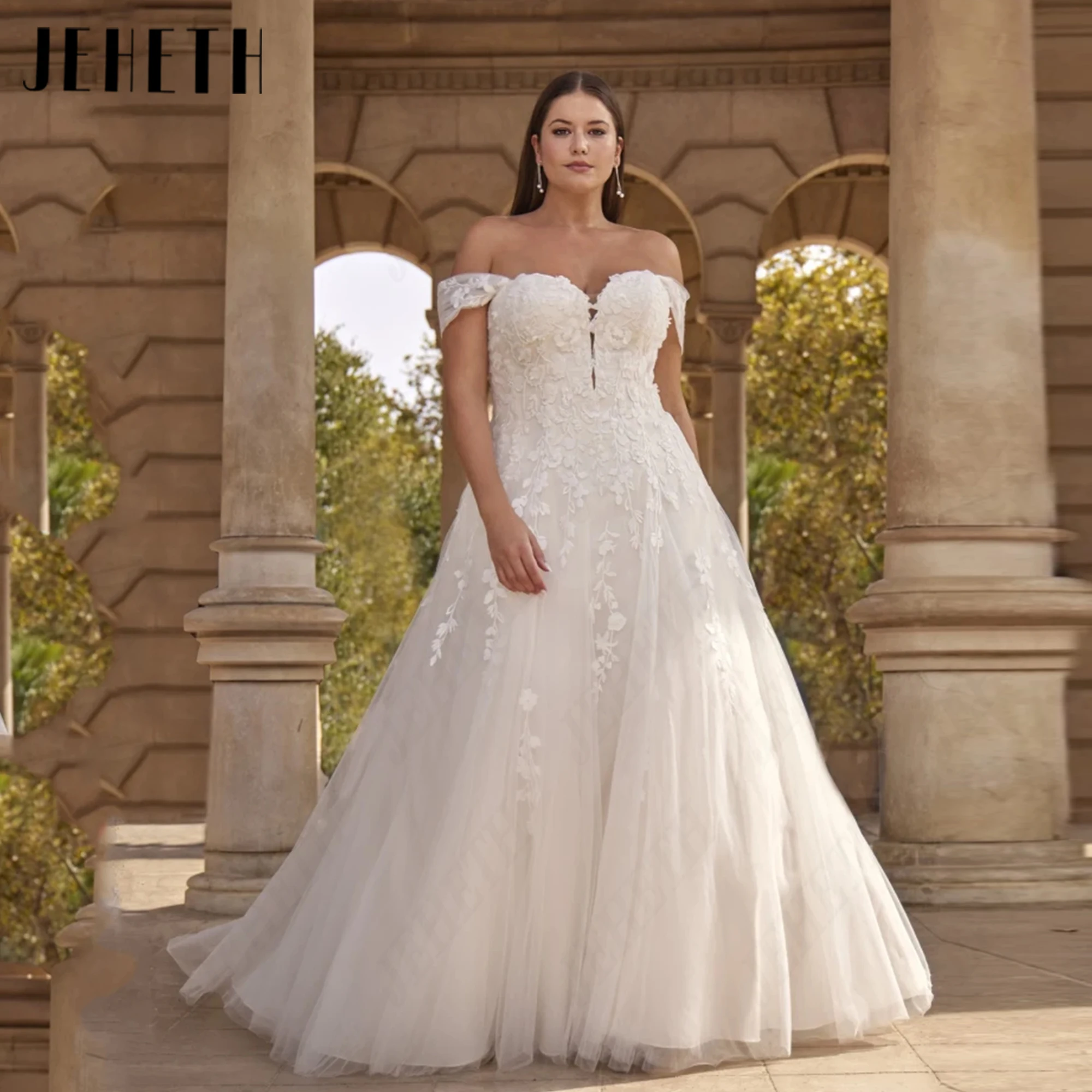 JEHETH Sleeveless Off The Shoulder Tulle Wedding Dress Backless 2027 Classic Bridal Gowns Court Train Personalized Bride Gown