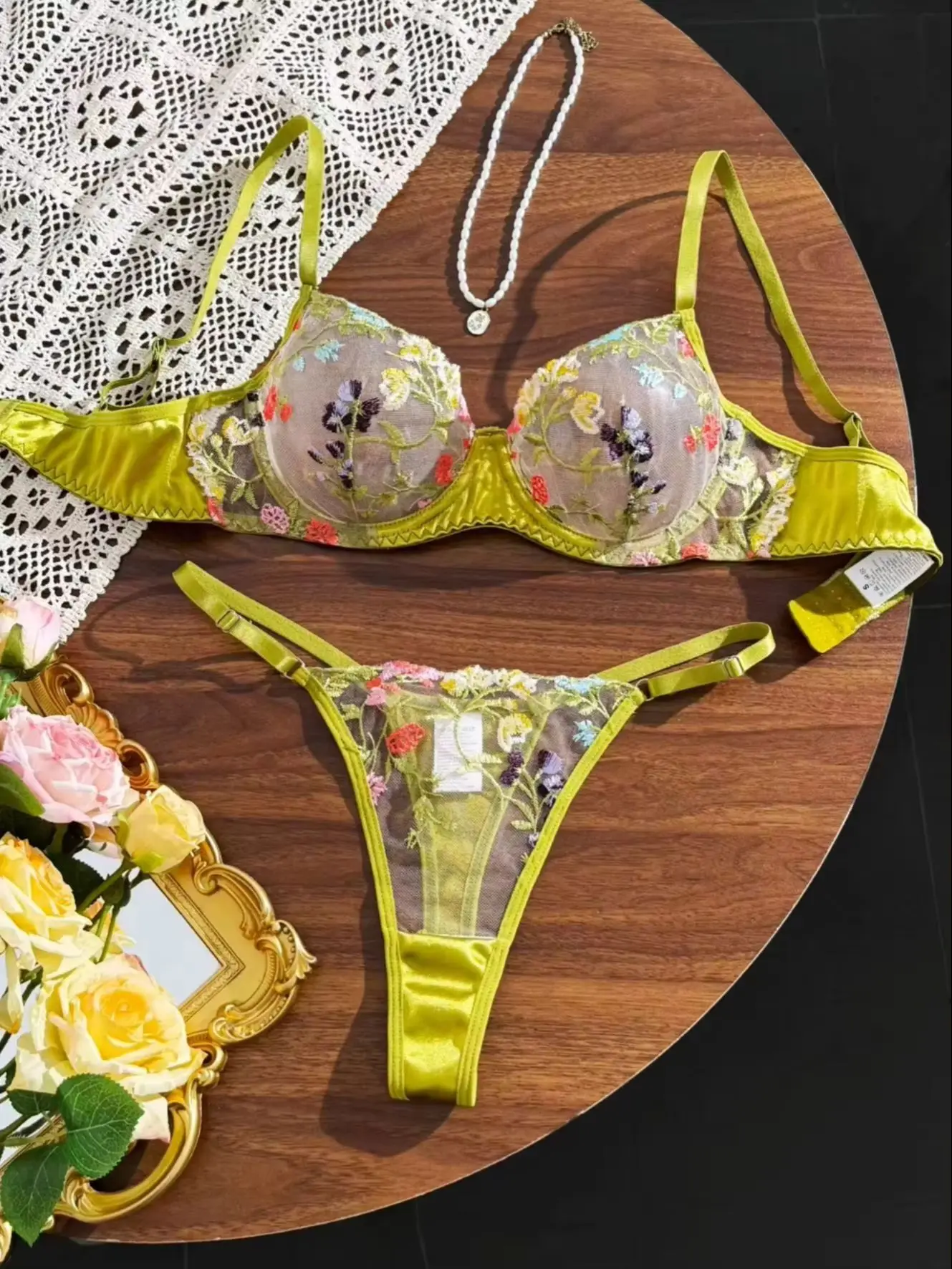 Women Floral Embroidery Lingerie Set Sheer Mesh Underwire Bra & Thong 2‑Piece Outfit Colorful Flower Intimate Sleepwear