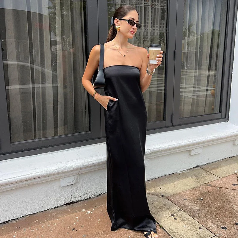 

Ticketsx Black Sexy Strapless Sleeveless Slim Dress Ladies High Waisted Backless Patchwork Long Dress Summer Party Evening Dress