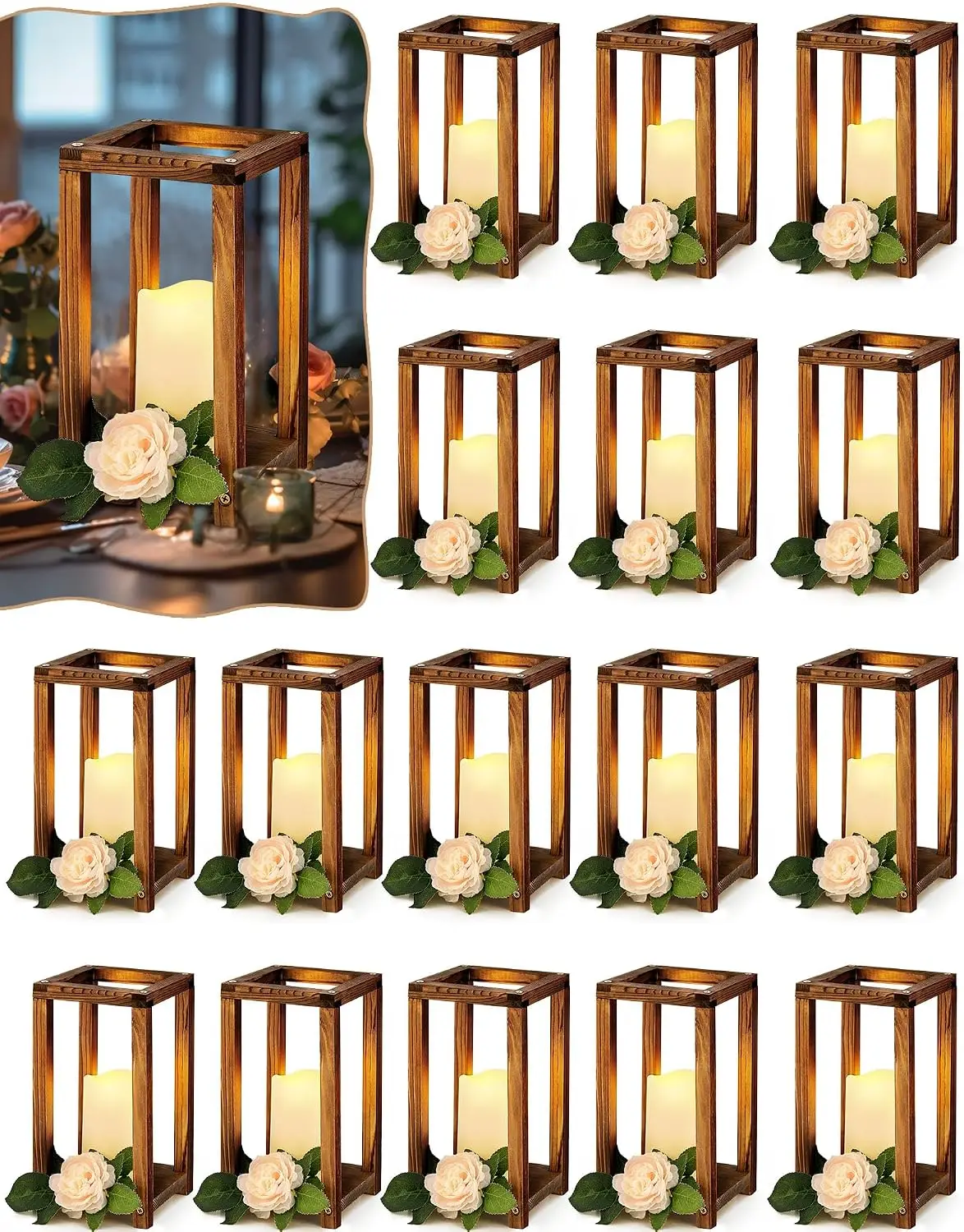 32 Pcs/16 Set Wooden Wedding Lantern Centerpiece Include Farmhouse Candle Holders and Flameless LED Candles for Rustic Wedding T
