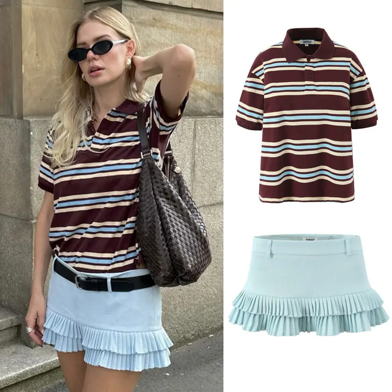 

2025 Summer Ladies Polo Shirts Woman Long Sleeve Crop Top Striped Vintage Clothes Polo Shirts Mujer Streetwear Casual Tops Brown