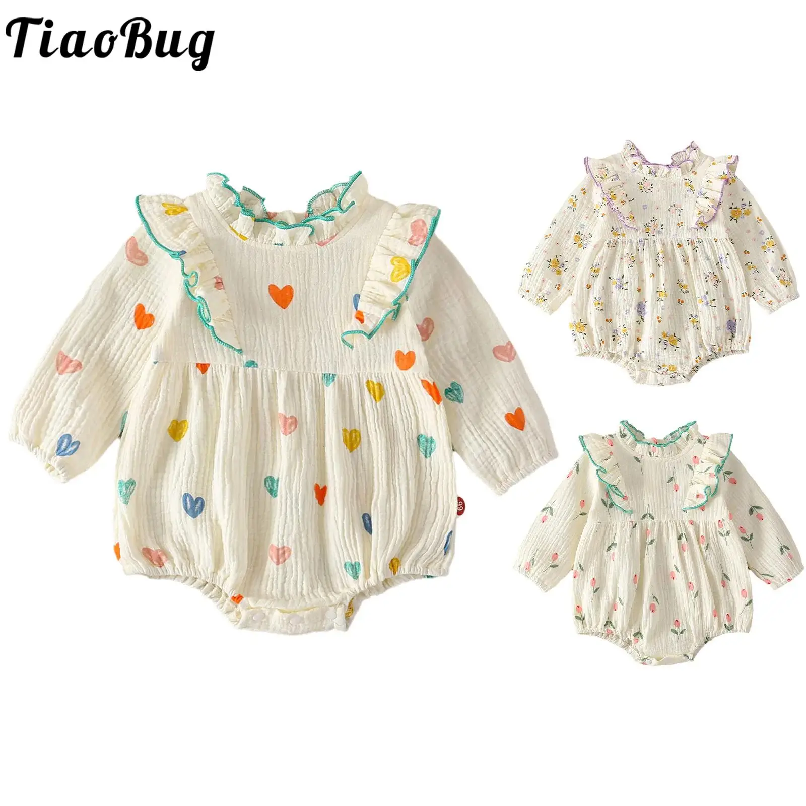 

Newborn Baby Girls Spring Fall Cotton Rompers Casual Floral Heart Print Long Sleeve Ruffles Bodysuit Holiday Children Clothes