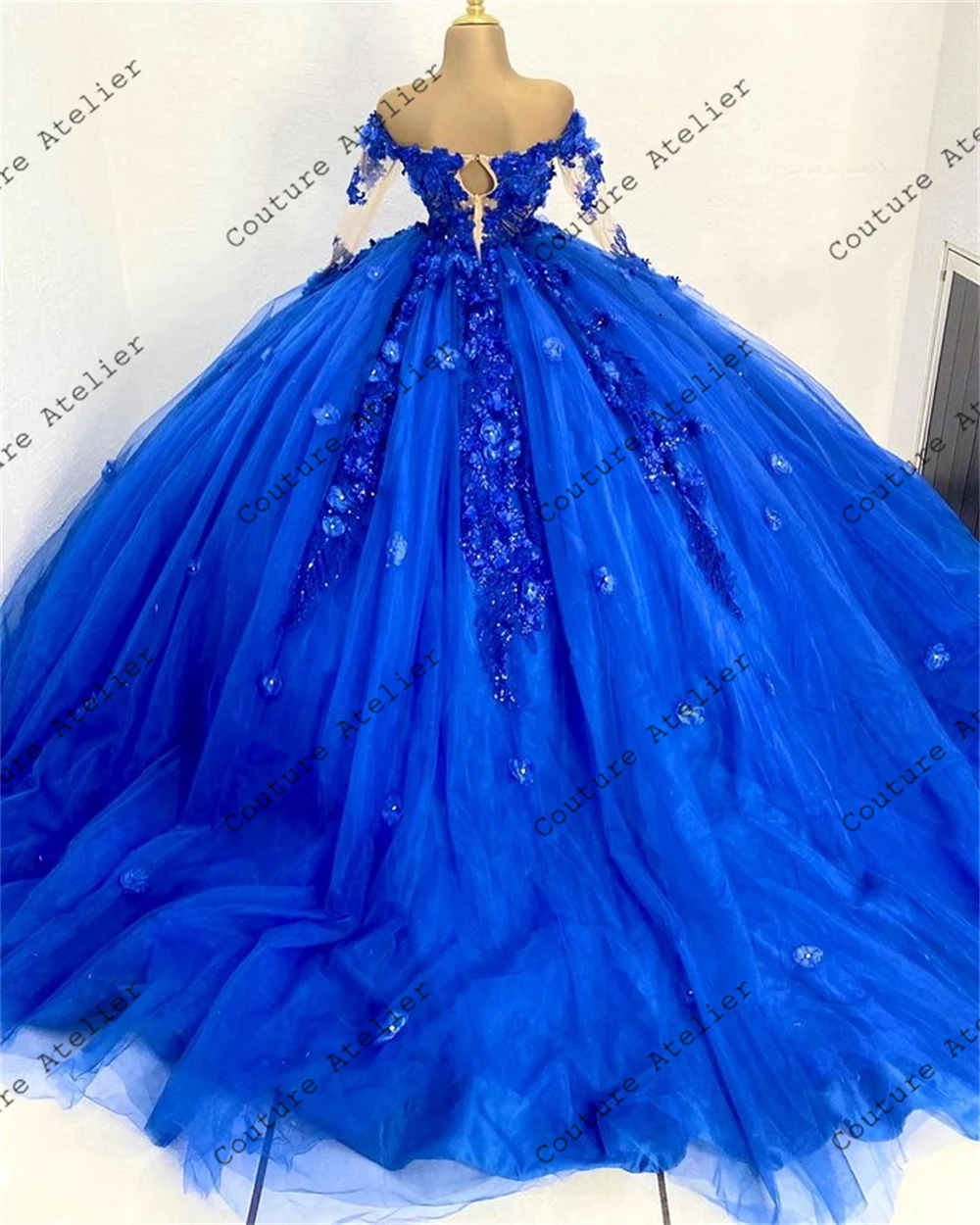 Vestido de quinceañera con apliques de encaje Azul Real, manga de tres cuartos, vestido de baile de tul, vestido hinchado, 18 cumpleaños, vestido de Debut de char