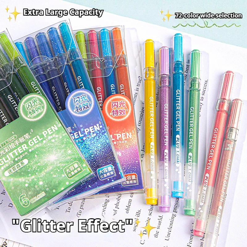 

72/6 цветов, набор цветных гелевых ручек с блестящими эффектами, металлические чернила, 1,0 мм, ручка для письма для студенческой живописи, подсветка для заметок, справочник
