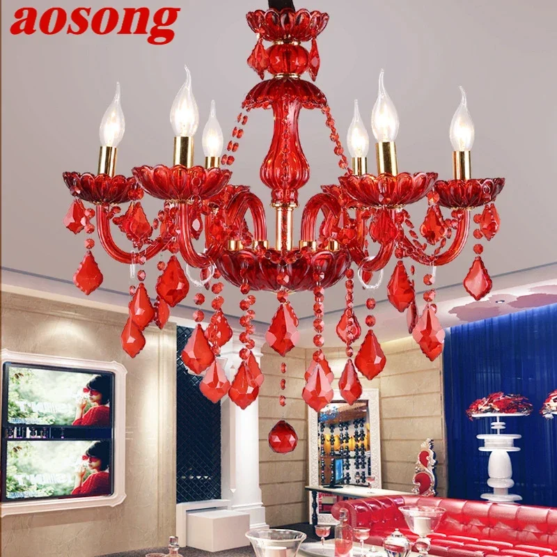 โคมไฟระย้าคริสตัลสไตล์ยุโรป Aosong โคมไฟเทียนไขสีแดงหรูหราสำหรับห้องนั่งเล่นร้านอาหารห้องนอนโคมระย้าวิลล่า