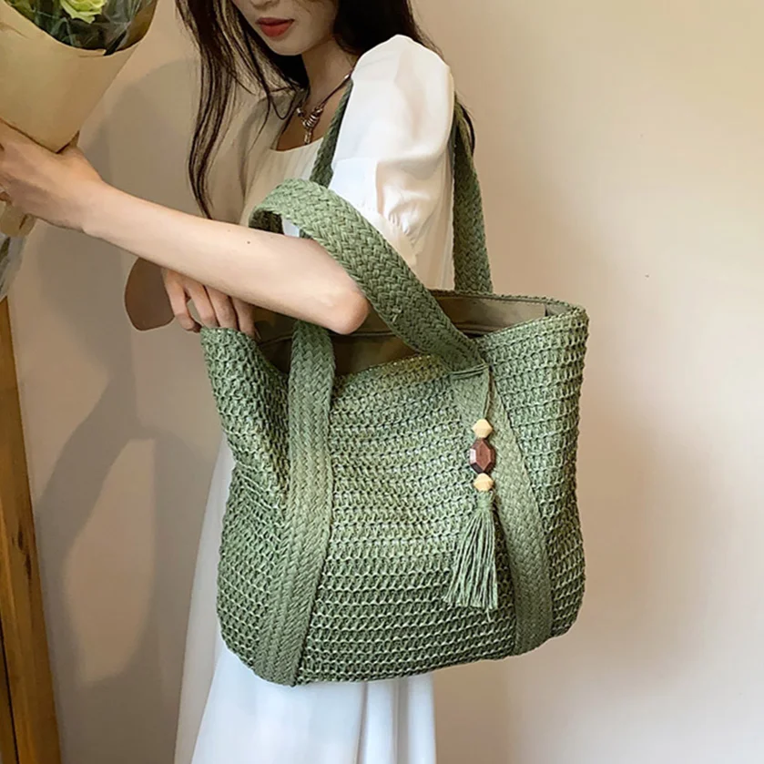 Summer Hand-woven Tassel Shoulder Bag Large Capacity Women's Underarm Bag Fashion Weaving Beach Tote Handbag Ladies Shopping Bag