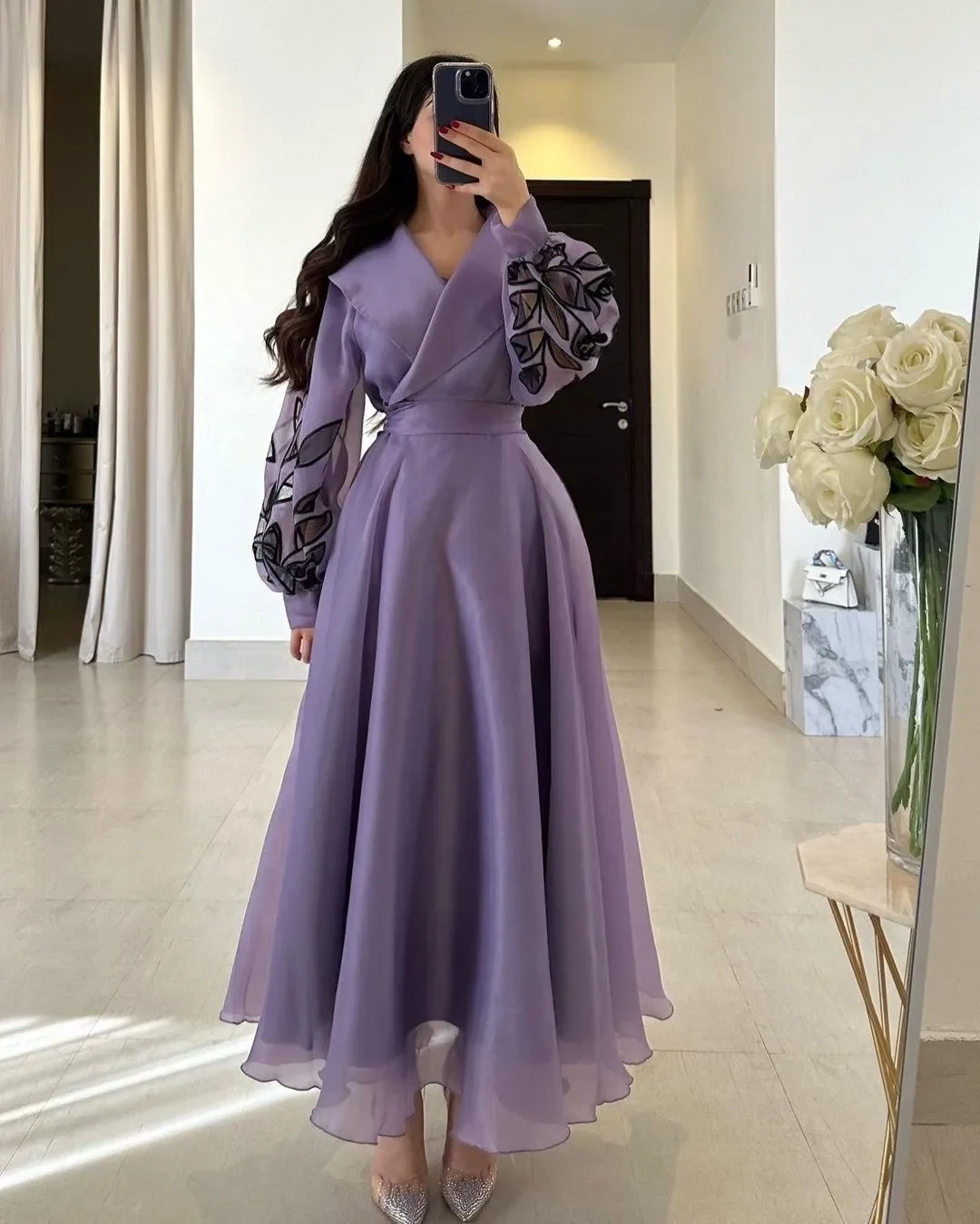 Saudi Arabia Long Sleeves Evening Dresses Formal Women Prom Dresses V Neck Party Dress Ankle Length Homecoming Gowns